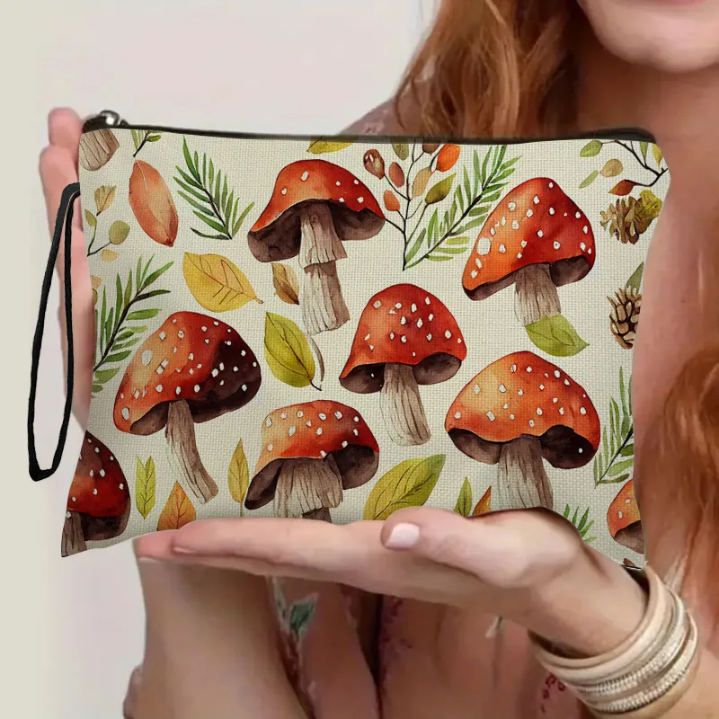 Mushroom Print Cosmetic Bag Linen Fabric Zipper Makeup Pouch Travel Toiletry Organizer Wristlet Autumn Forest Watercolor