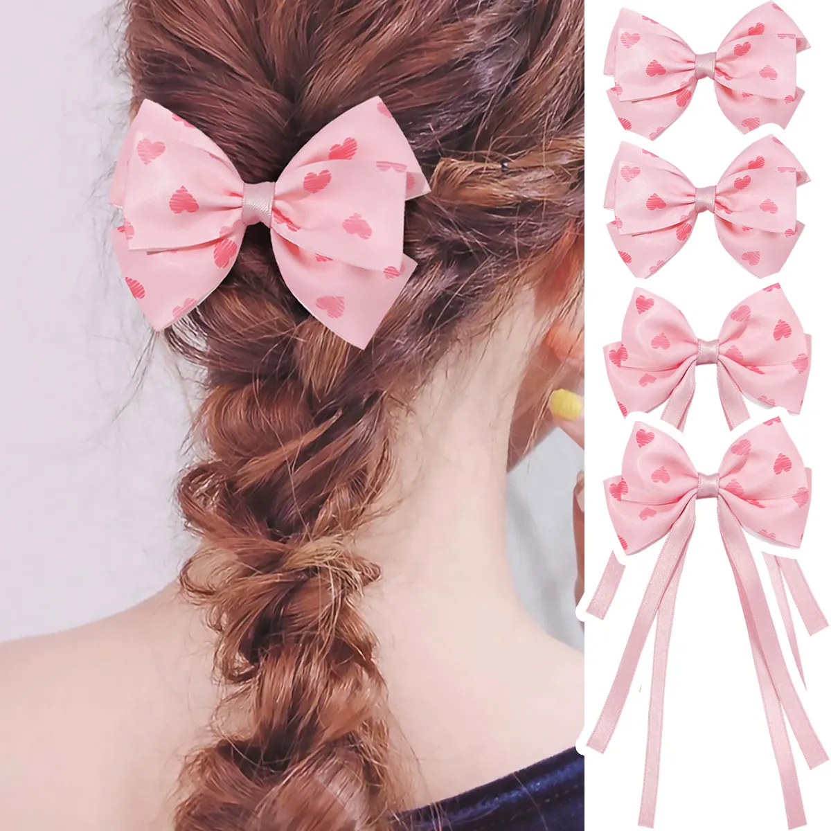 Pink Heart Pattern Bow Hair Clips For Girls Sweet Ribbon Hairpins Ribbon Streamer Hair Accessories For Kids