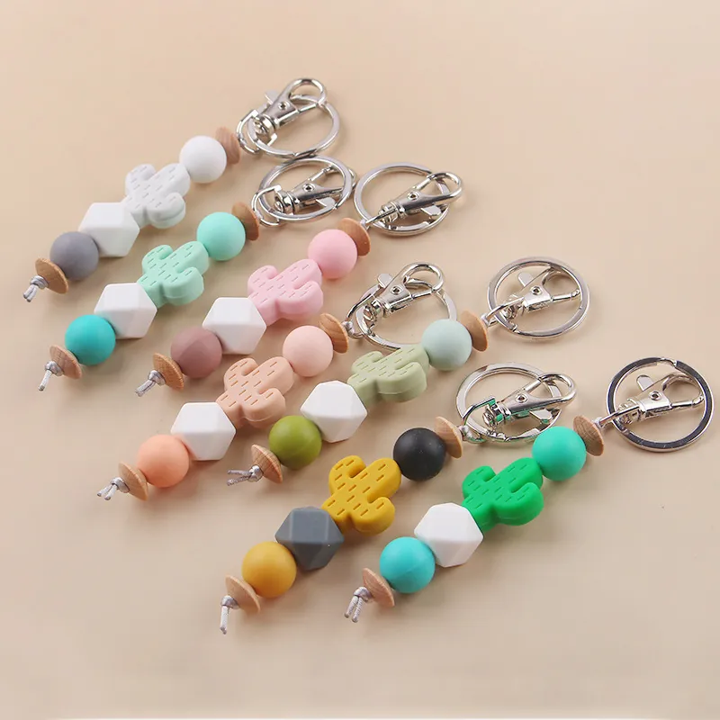 Cartoon Cactus Silicone Beaded Keychain Handmade Wood Bead Charm Bracelet Bag Pendant Accessory For Women Girls Kids