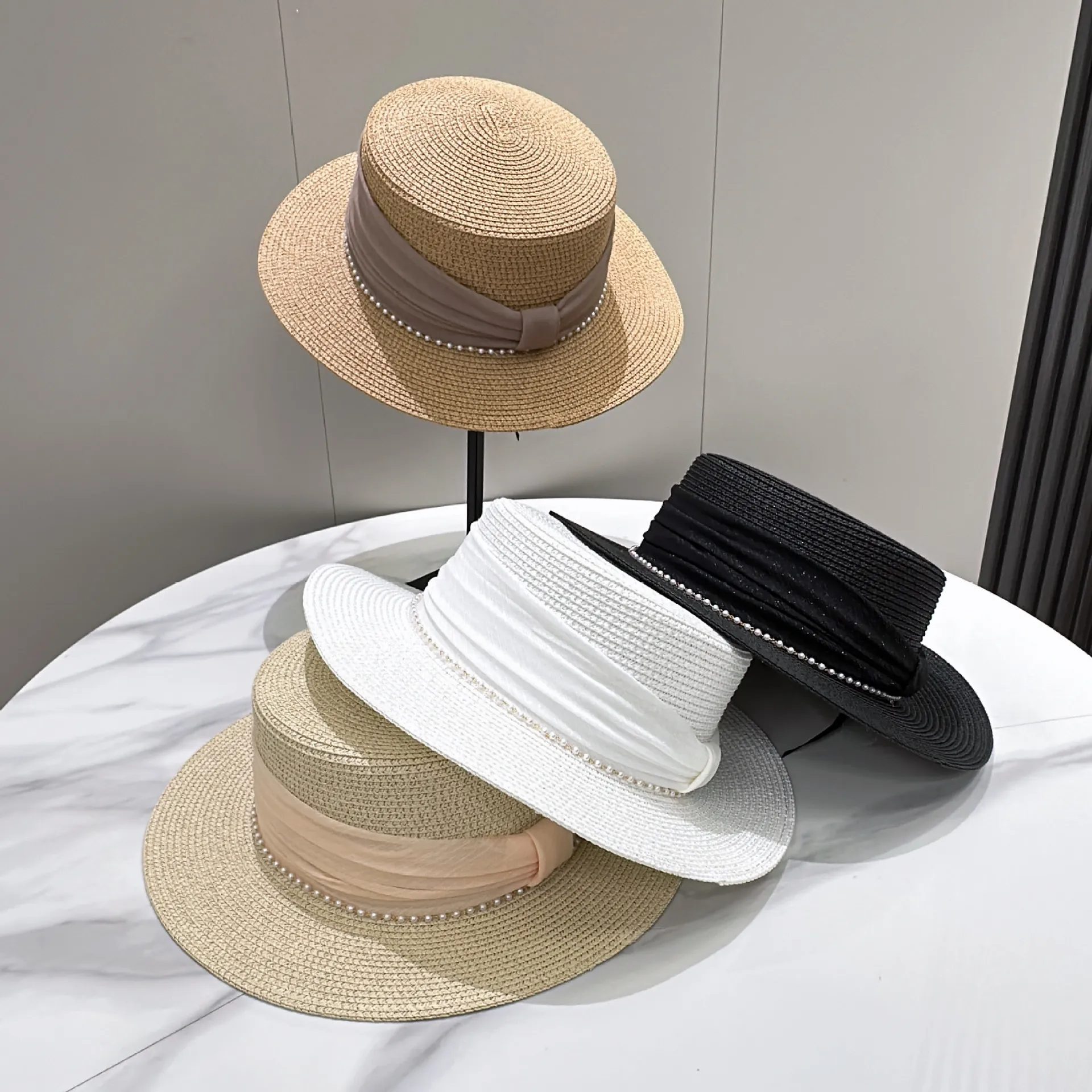 Boater Hat For Women Elegant Paper Straw Sun Hat With Artificial Pearl Ribbon Flat Top Wide Brim French Vintage Beach Travel