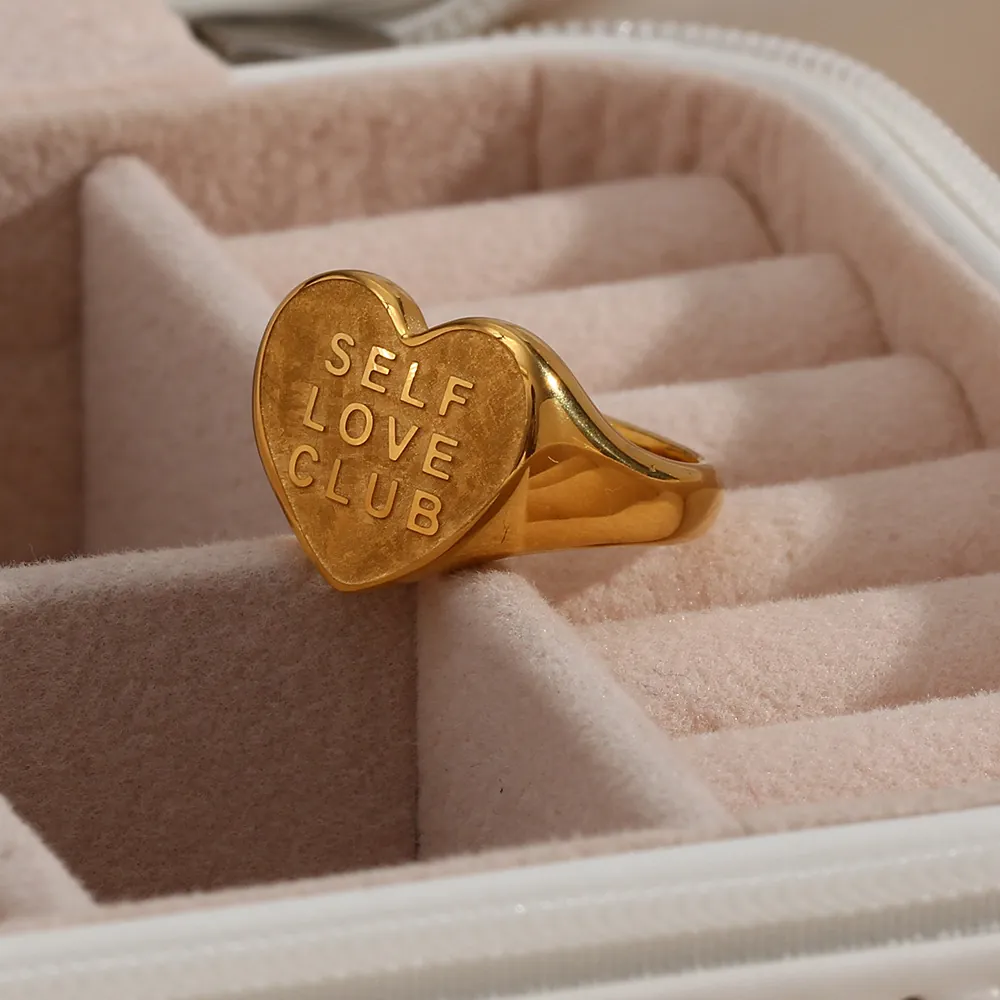 Heart Signet Ring Stainless Steel Gold Plated Self Love Club Letter Engraved Fashion Jewelry For Women