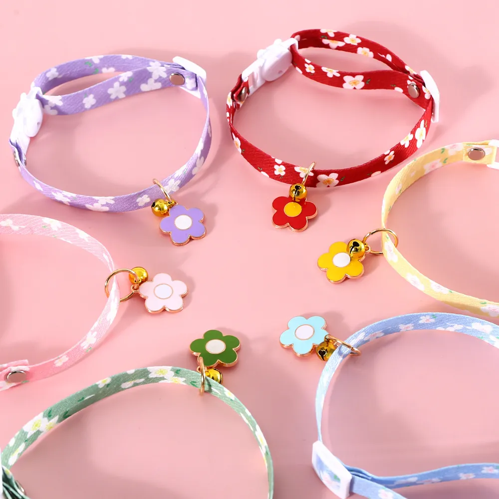 Adjustable Pet Collar With Floral Print And Enamel Flower Pendant Gold Bell For Cats Small Dogs Soft Fabric Neck Strap