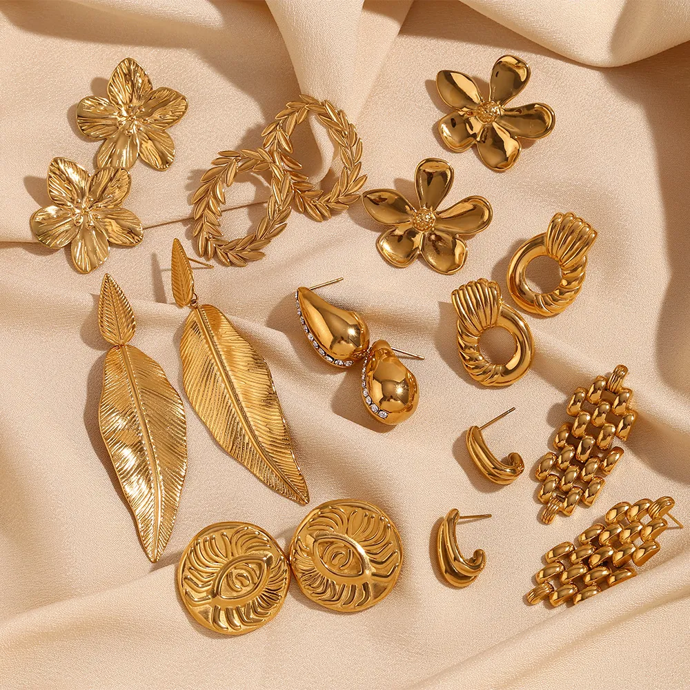 Vintage Stainless Steel Flower Leaf Evil Eye Stud Earrings 18K Gold Plated Geometric Rhinestone Earrings For Women Jewelry