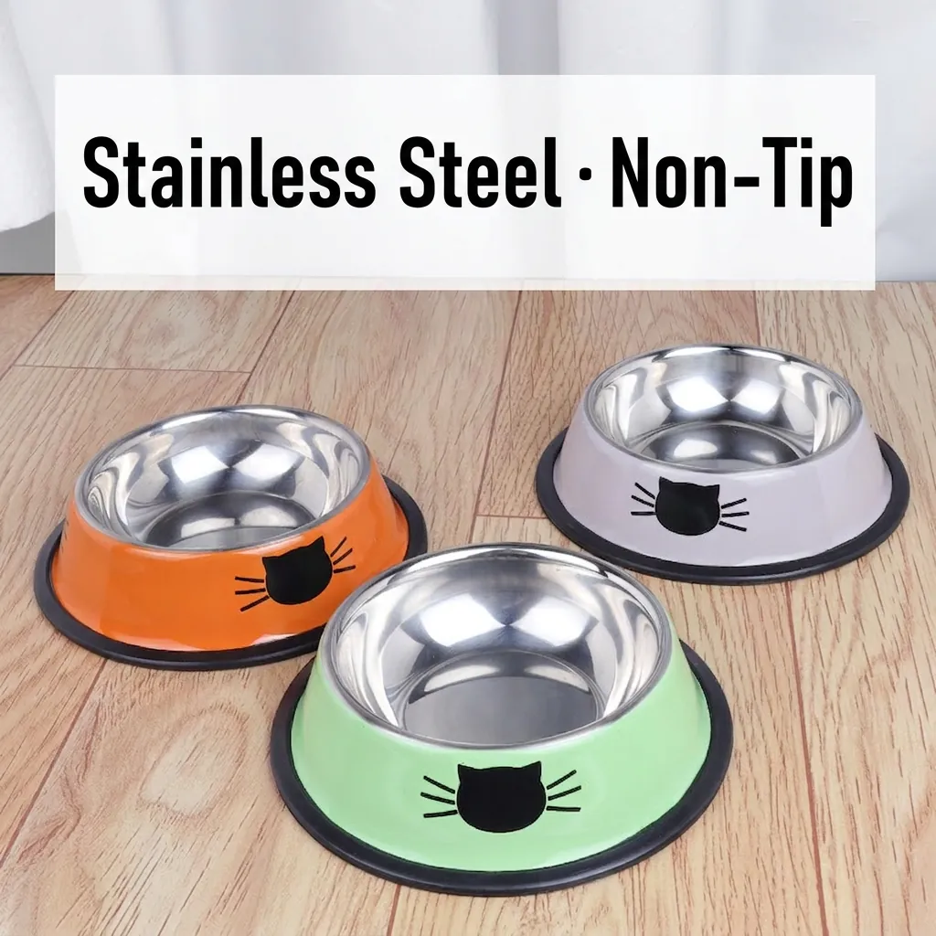 Stainless Steel Pet Bowl Anti-Slip Non-Tip Food Water Dish With Rubber Base Cat Face Pattern For Dogs And Cats