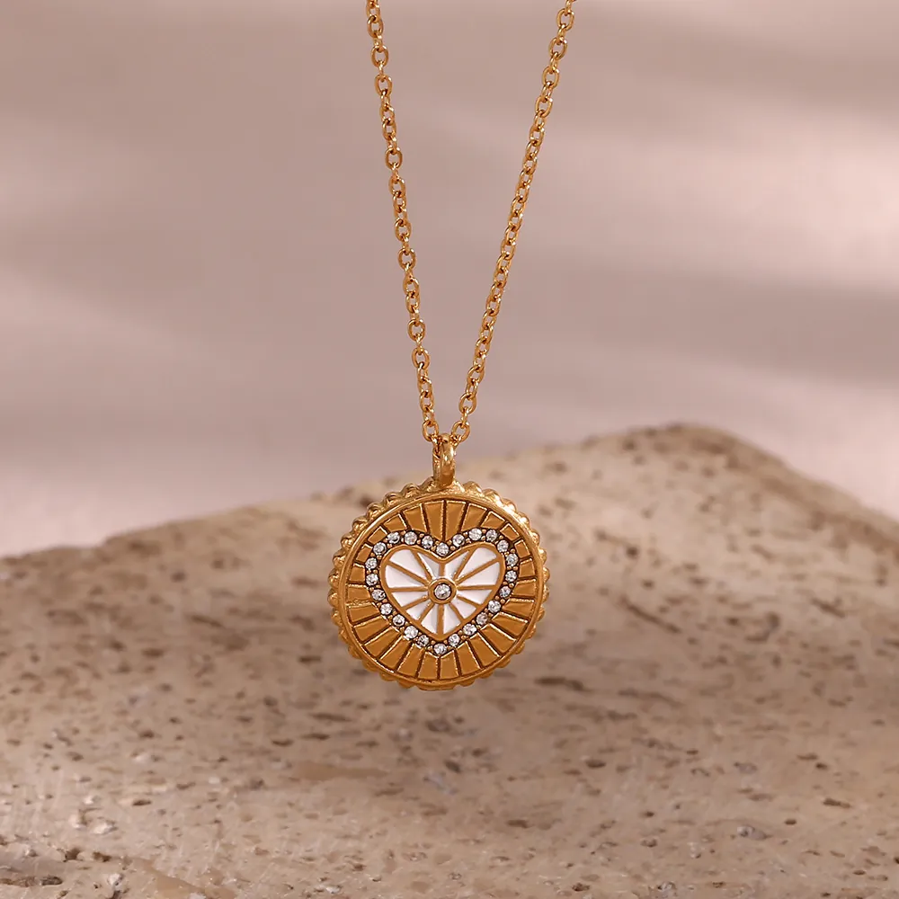 Collier Pendentif Cœur Pièce Acier Inoxidable Plaqué Or Émail Rayon De Soleil Bijoux Pour Femmes Élégant Accessoire Rétro