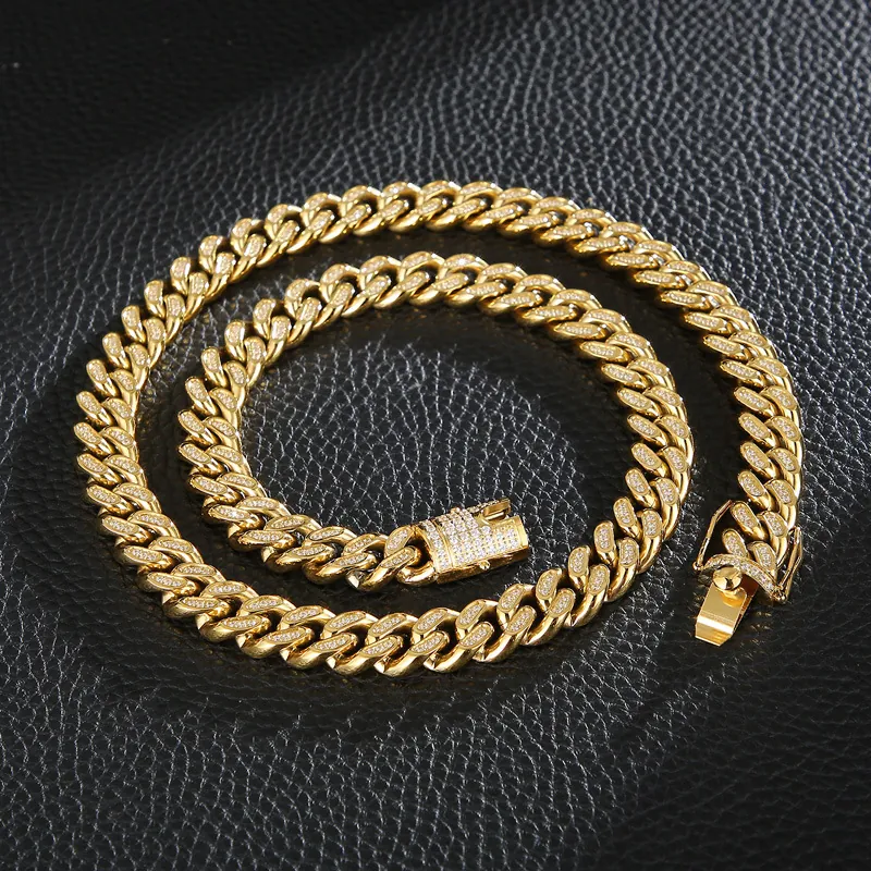 Iced Out Cuban Link Chain Necklace Bracelet Stainless Steel Zircon Encrusted Hip Hop Rap Style Men Streetwear Jewelry