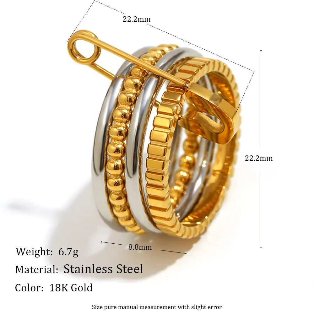 Multi Layer Stacked Ring Stainless Steel 18K Gold Plated Two Tone Safety Pin Charm Industrial Fashion For Women