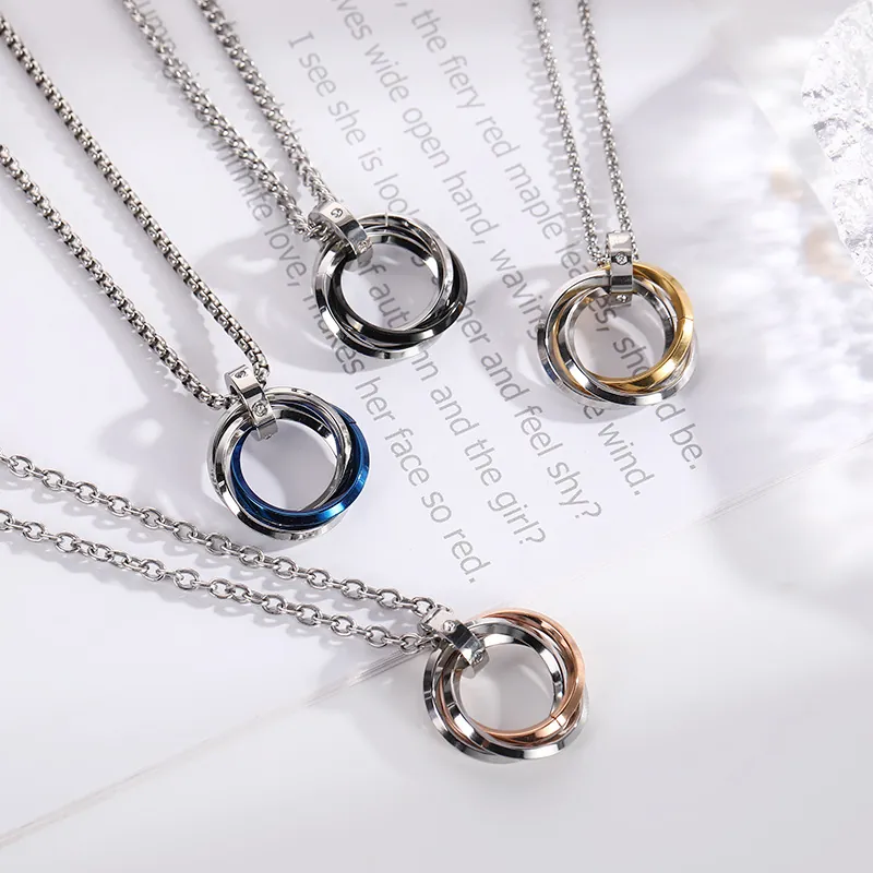Stainless Steel Interlocking Three Ring Pendant Necklace With Zircon Geometric Hip Hop Trinity Style Jewelry