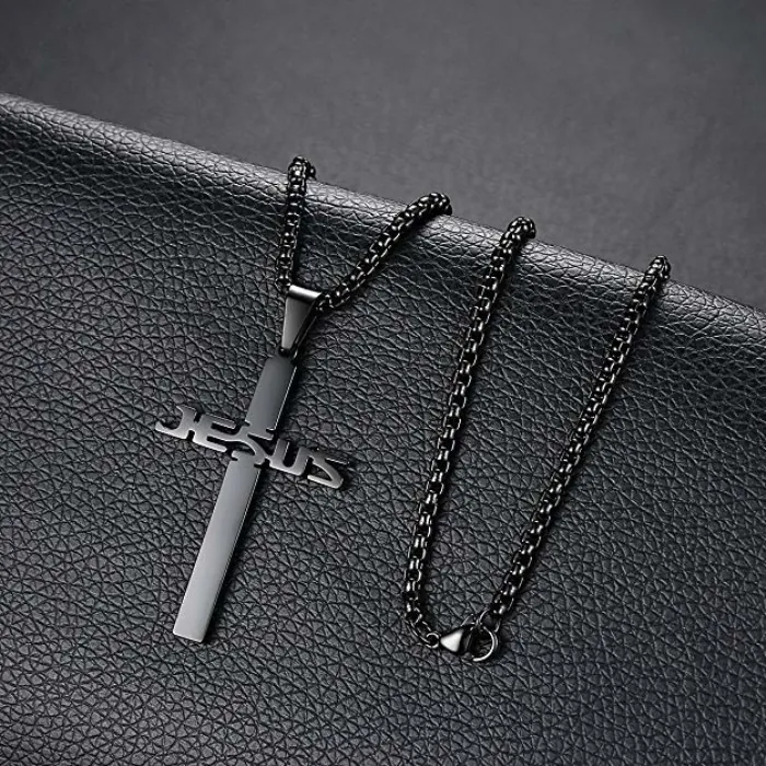 Jesus Cross Pendant Necklace Stainless Steel Religious Prayer Jewelry For Men Women Fashion Punk Minimalist Style