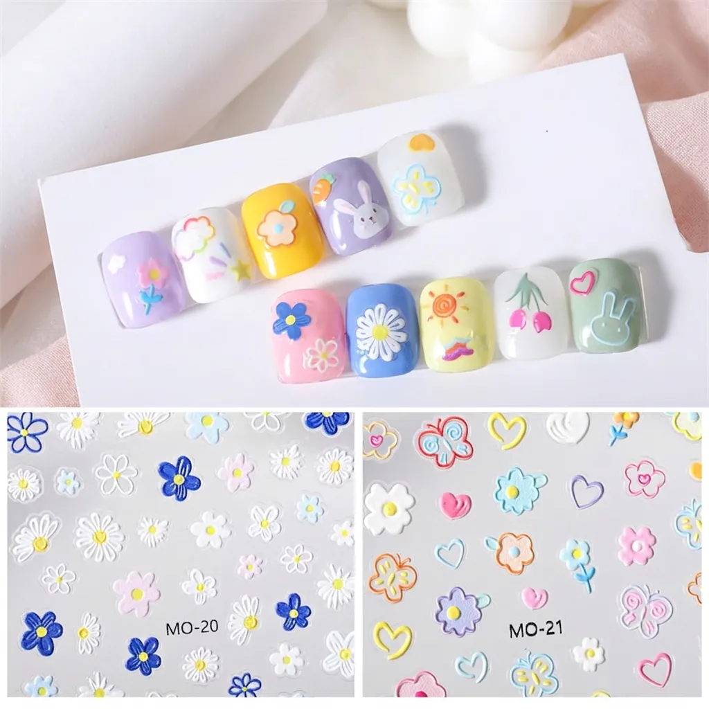 Nail Art Stickers 5D Embossed Flower Rabbit Butterfly Relief Self Adhesive Manicure Decoration For Women DIY Salon