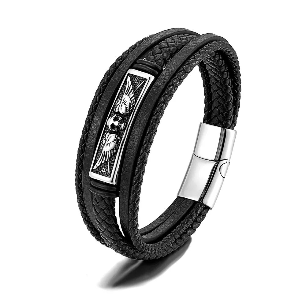 Men Multi-layer Braided Leather Bracelet With 316L Stainless Steel Charm Retro Punk Magnetic Clasp Gothic Jewelry