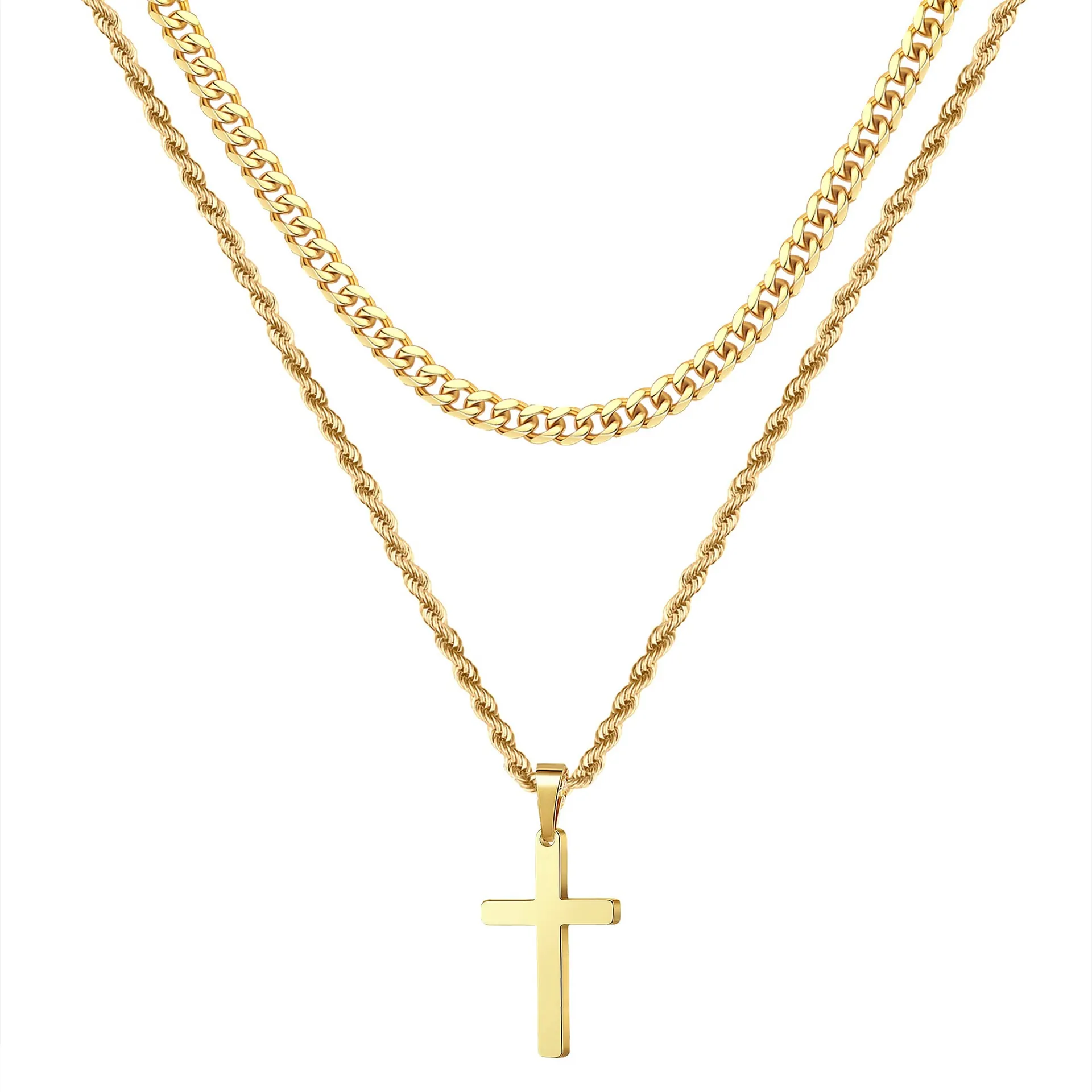 Cross Pendant Necklace Stainless Steel Double Layered Hip Hop Curb And Rope Chain Jewelry For Men Women