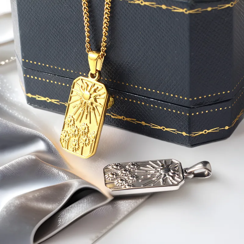 Vintage Stainless Steel Rectangular Pendant Tarot Sun Sunflower Rose Embossed DIY Jewelry Making Charms 18K Gold Plated