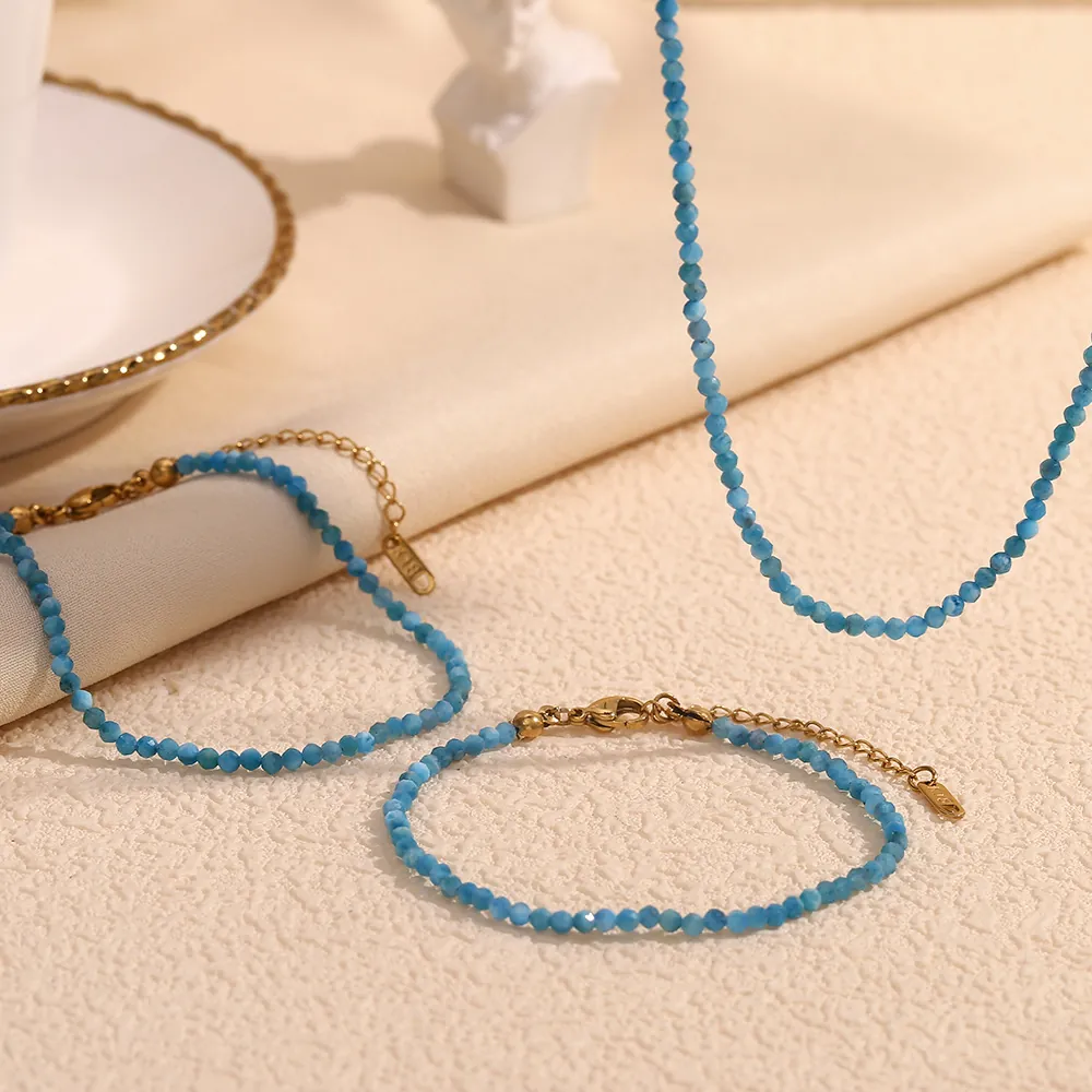 Natural Blue Apatite Beaded Necklace Stainless Steel 18K Gold Plated Vintage Elegant Jewelry For Women