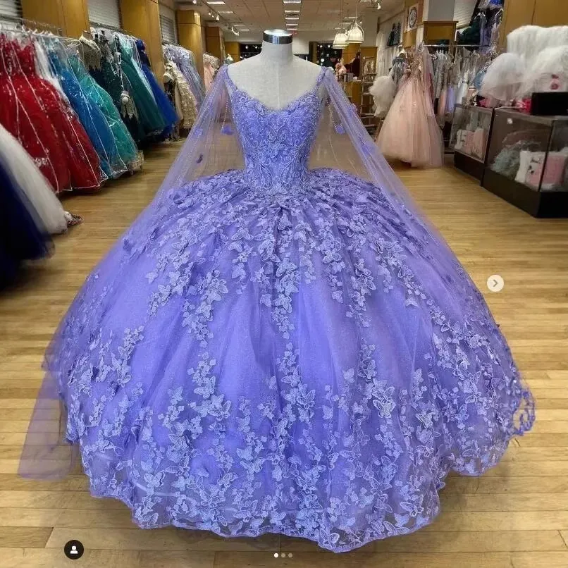 Butterfly Applique Ball Gown Dress With Cape Quinceañera Sweetheart Neckline Tulle Evening Party Formal For Women