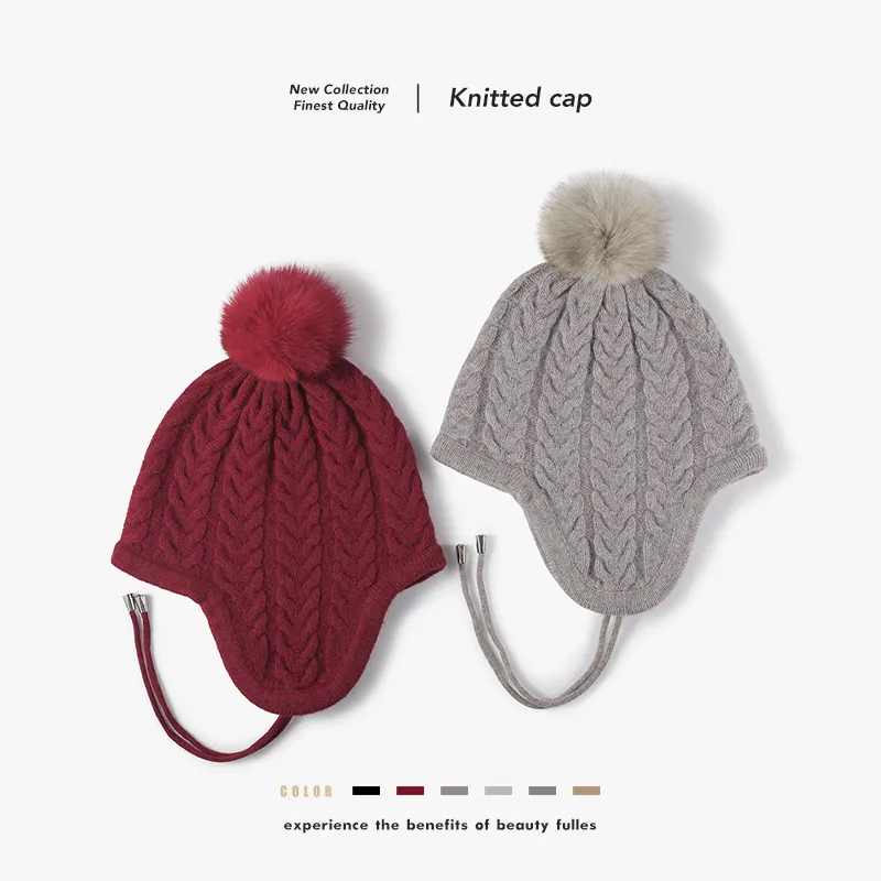 Women Wool Cable Knit Beanie Hat With Pom Pom Ear Flaps Winter Warm Thick Soft Trapper Hat Outdoor Casual Commuter Headwear