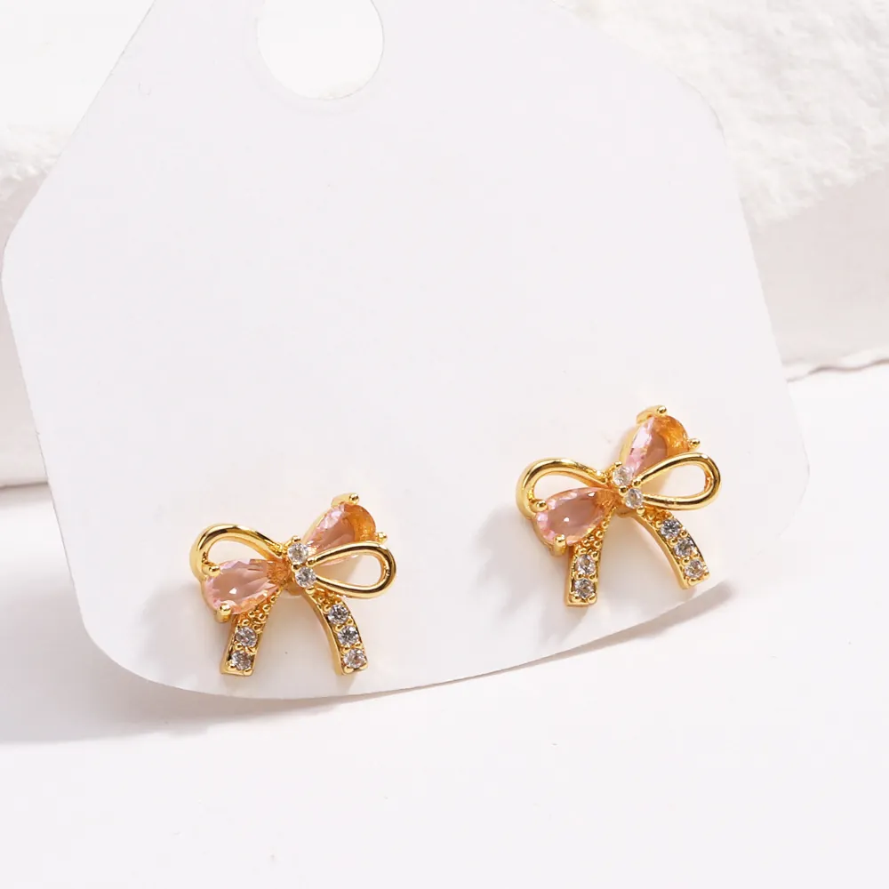 Bow-Ohrstecker Für Damen Rosa Zirkonia Süße Messing 18K Vergoldet Elegante Brautschmuck Geschenke