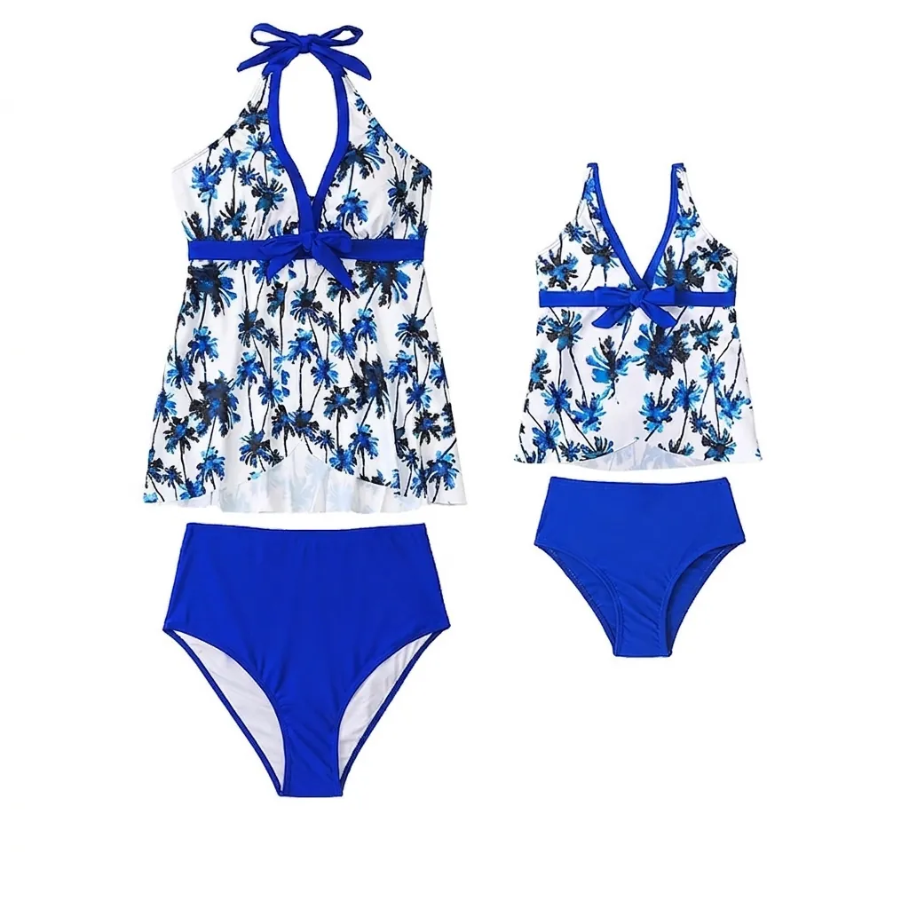 Maillot De Bain Maman Et Moi Tankini Licou Col V Short Taille Haute Imprimé Palmier Léopard Nylon Spandex