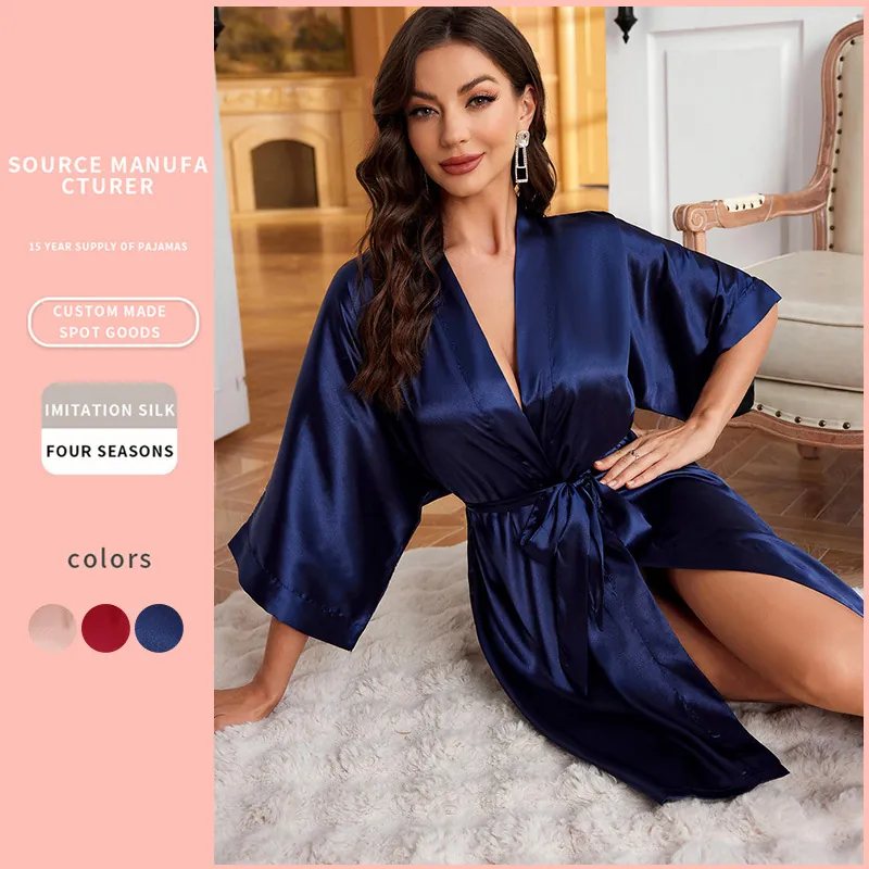 Women Satin Satin Robe Kimono Style Belted Lightweight Sleepwear Bathrobe Elegant Nightgown Smooth Dressing Gown For Lounging