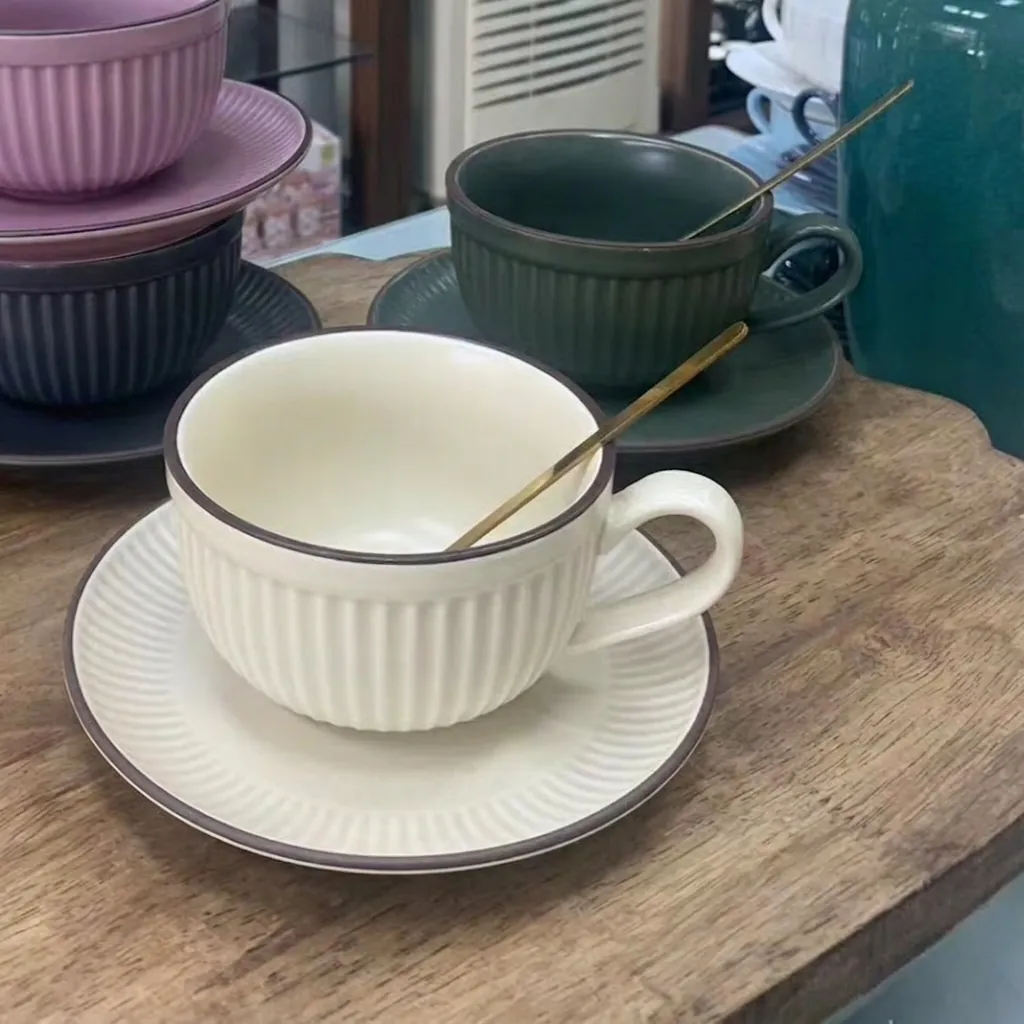 Ceramic Coffee Cup And Saucer With Golden Spoon Vintage Ribbed Texture Nordic Matte Handle Afternoon Tea Unique Shape