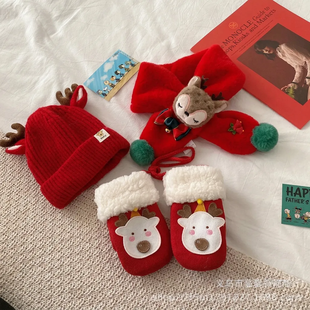 Christmas Baby Hat Scarf And Gloves Reindeer Antler Knit Plush Warm Winter Toddler Infant Neck Warmer Mittens Outdoor