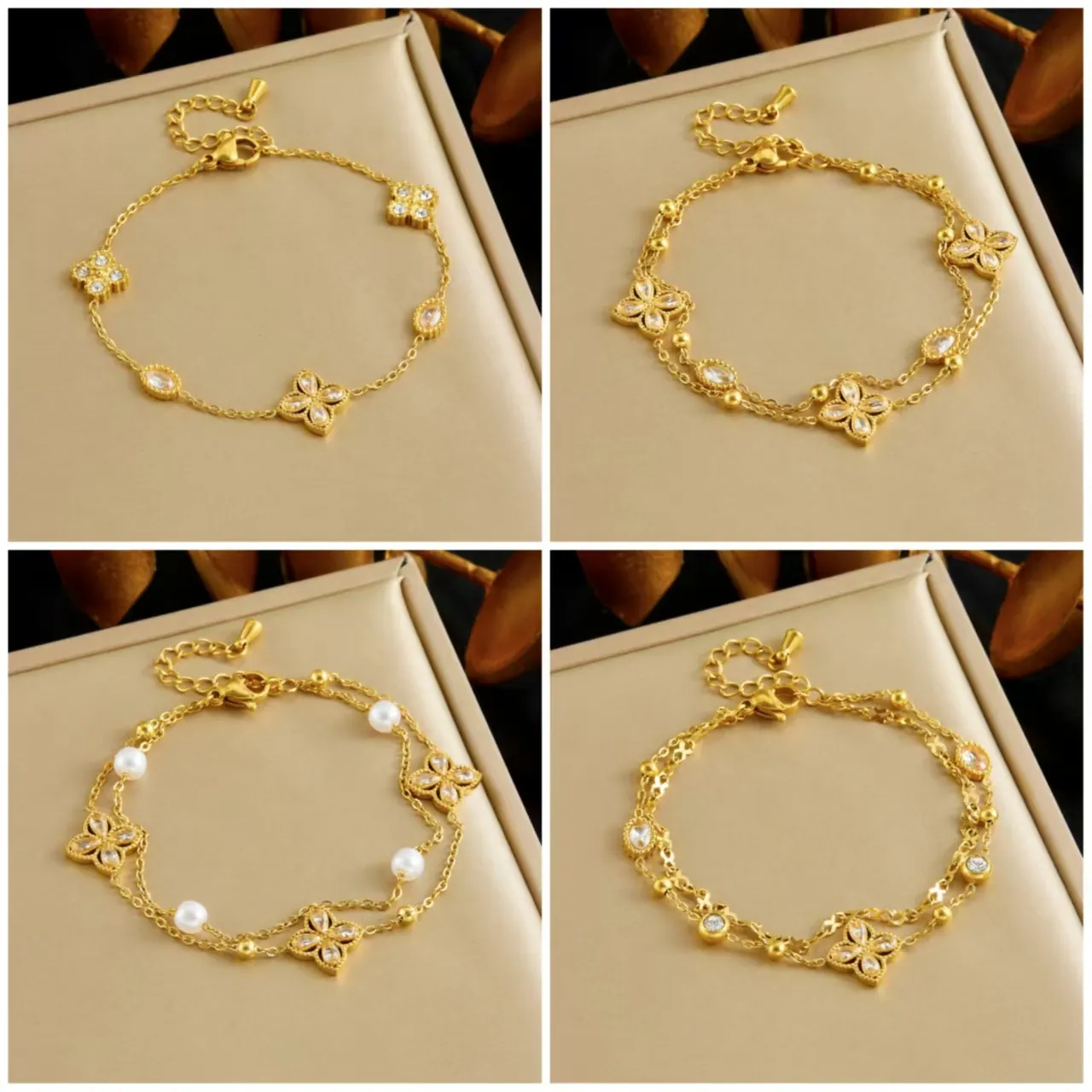 Stainless Steel Double Layer Bracelet For Women With Zircon Clover Flower And Imitation Artificial Pearl Fashion Jewelry