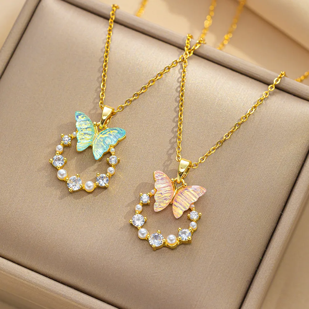 Butterfly Pendant Necklace Titanium Steel Colorful Cubic Zirconia Imitation Artificial Pearl Romantic Sweet Elegant Jewelry For Women