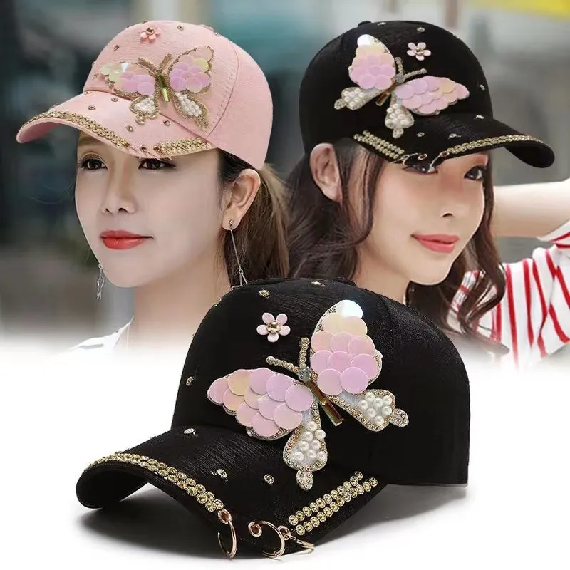 Casquette De Baseball Papillon Paillettes Coton Strass Künstliche Perle Décor Mode Chapeau De Soleil Avec Anneaux Métalliques Femmes Filles