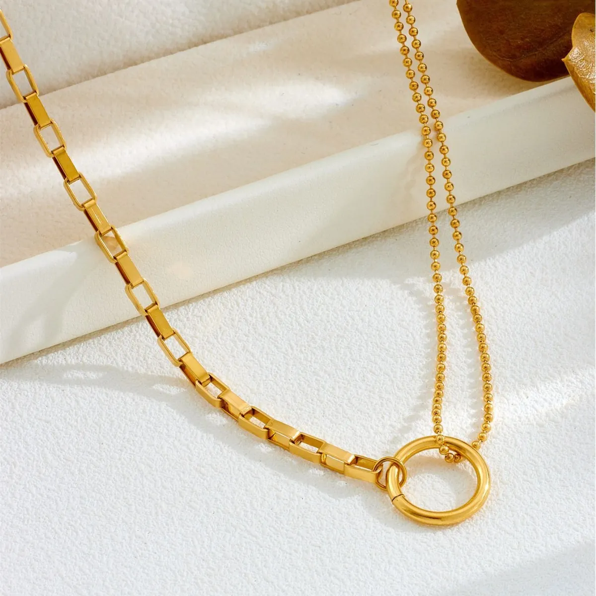 Minimalist Stainless Steel Double Layer Round Ring Pendant Necklace Spliced Bracelet Geometric Stud Earrings Set For Women