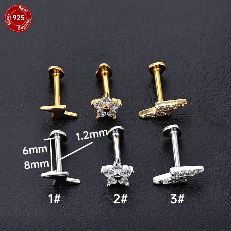 925 Sterling Silver Labret Studs Piercing Jewelry Heart Flower Lightning Zircon Flat Back For Cartilage Tragus Lip
