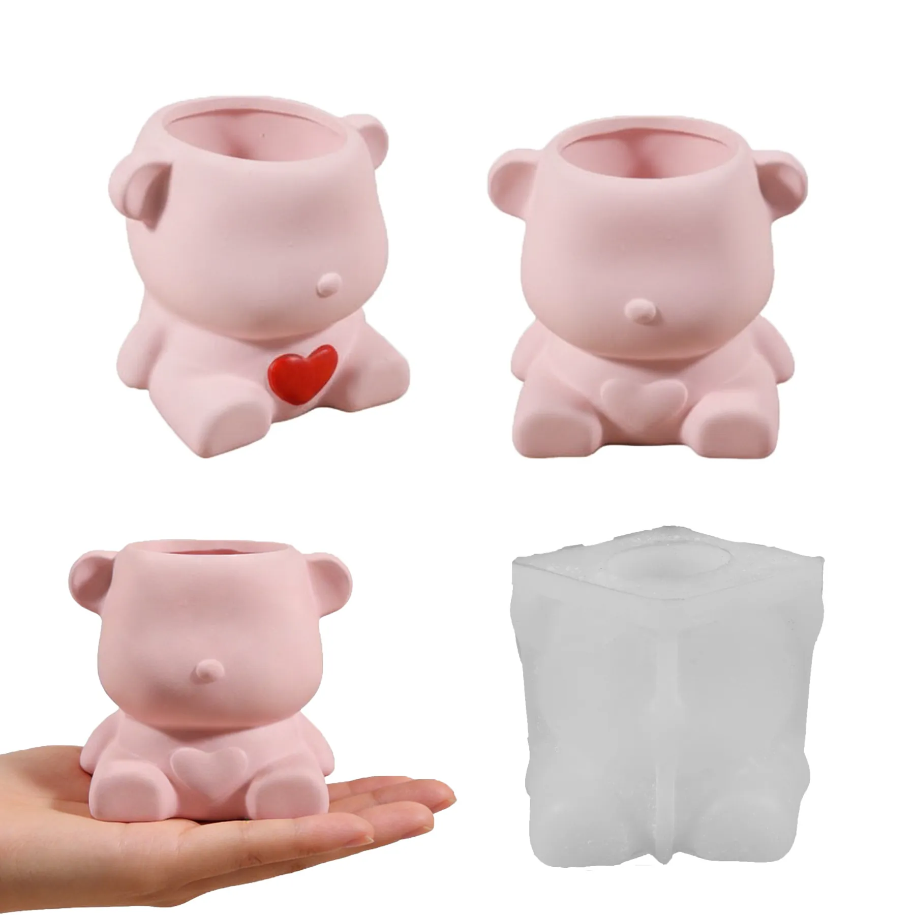 Moule En Silicone Ours Mignon Avec Coeur Pour DIY Artisanat Porte-Stylo Résine Plâtre Vase Pot De Fleurs