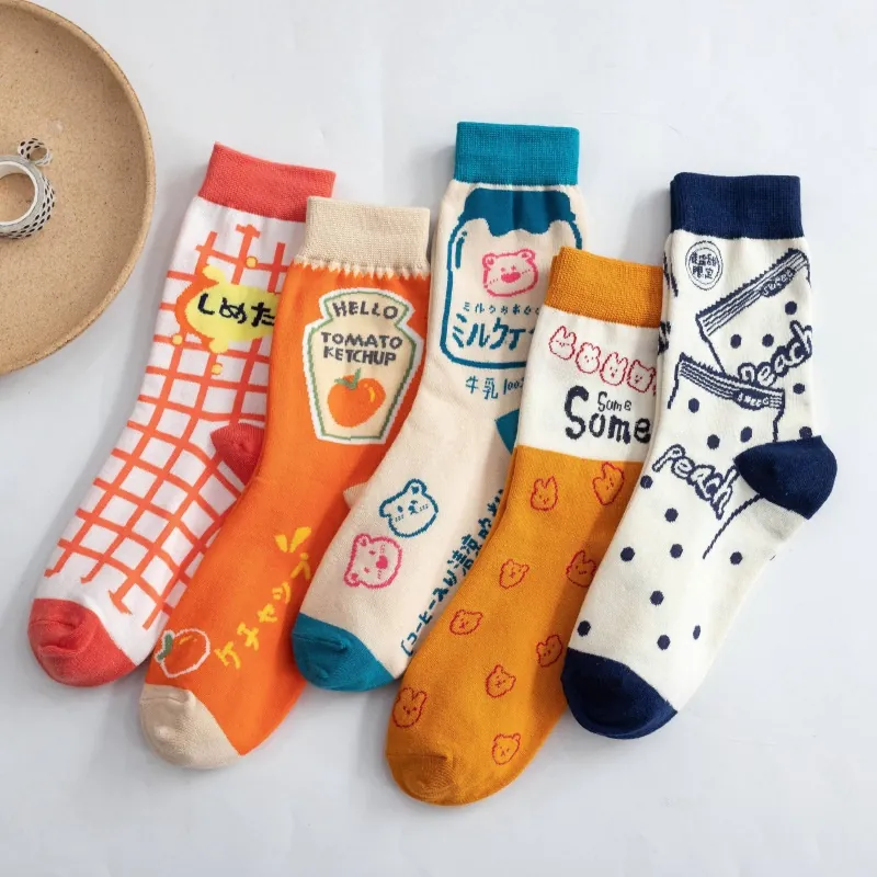 Women Cute Japanese Style Crew Socks Cartoon Illustration Cotton Knitted Mid-Calf Socks Sweat Absorbent Fashion Socks