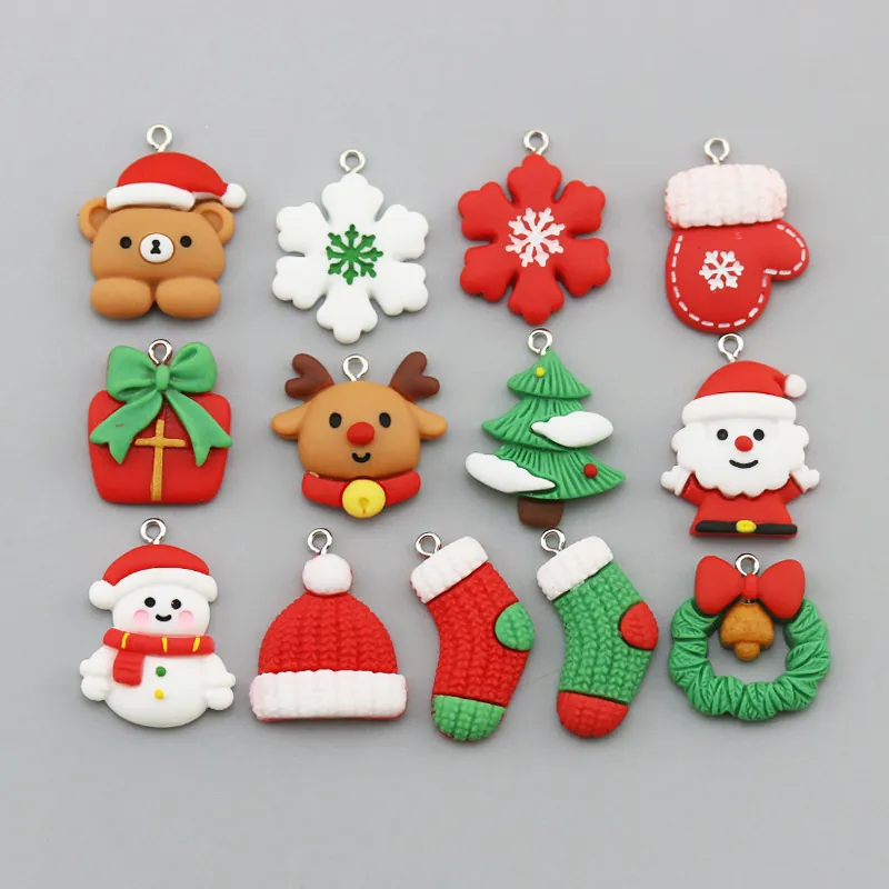Christmas Theme Charms Resin Alloy Pendants DIY Jewelry Making Accessory Santa Claus Snowman Reindeer Tree Ornament