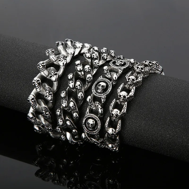 Skull Bracelet Men Stainless Steel Punk Gothic Skeleton Retro Jewelry Vintage Link Chain