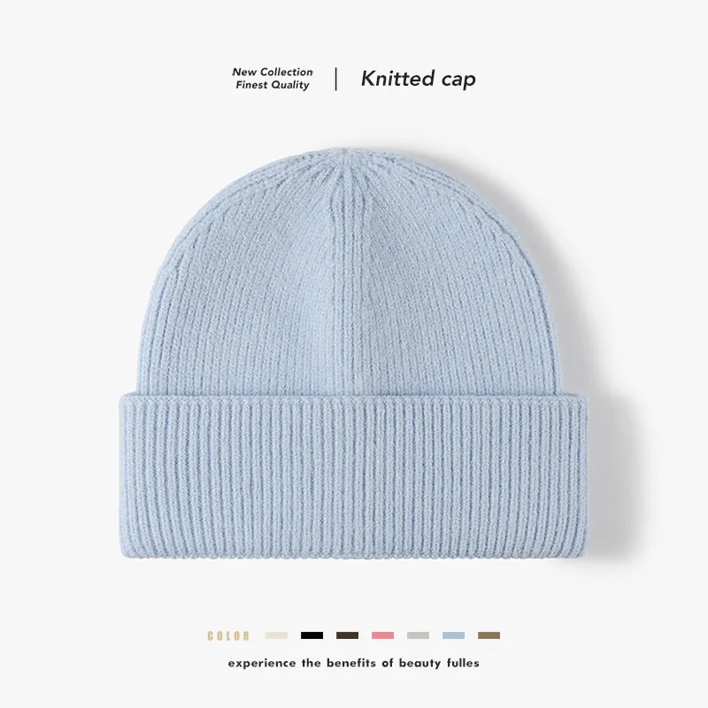 Women's Solid Color Double Cuff Ribbed Beanie Hat Winter Warm Wool Knit Skull Cap For Outdoor Daily Wear
