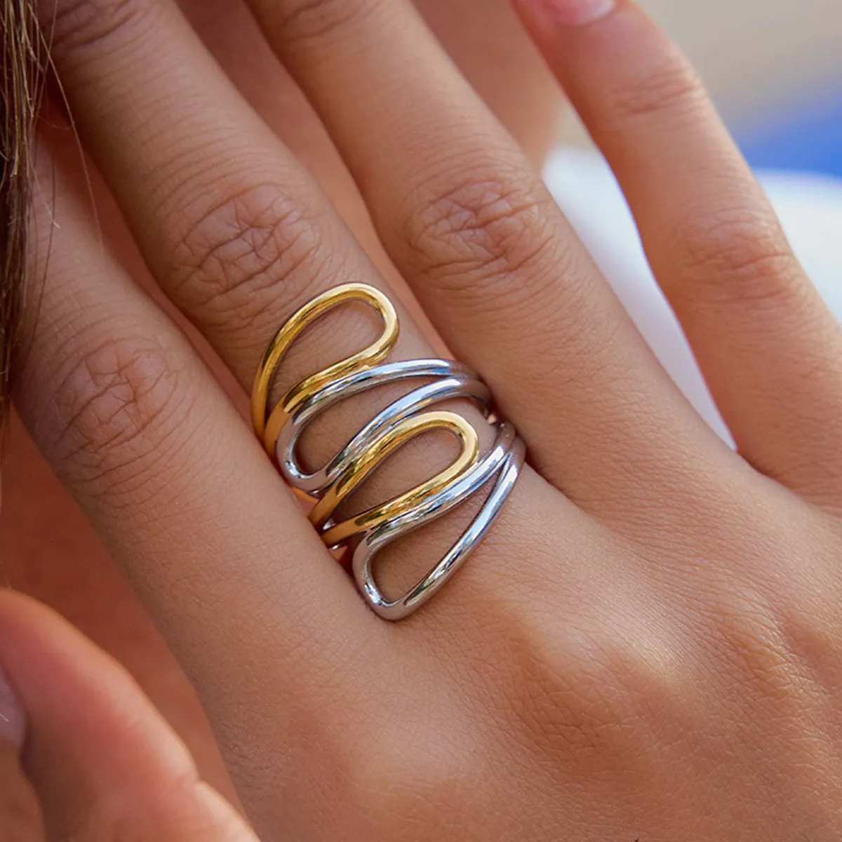 Irregular Line Multi Layer Spiral Two Tone 18K Gold Silver Stainless Steel Waterproof Hypoallergenic Band Ring For Women