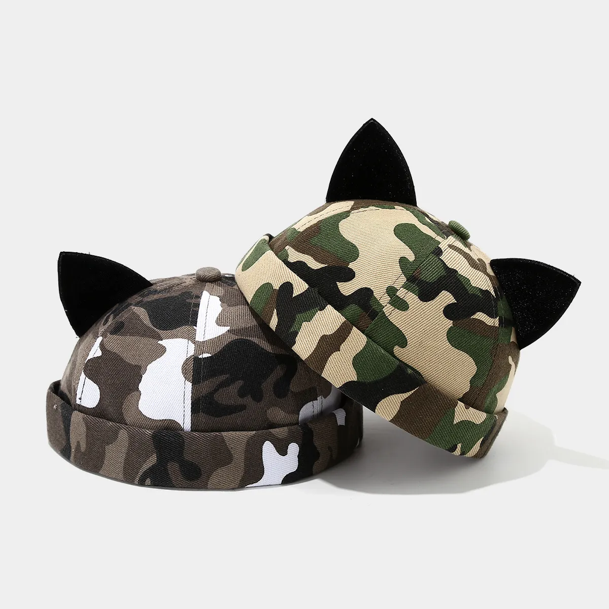 Bonnet Docker À Oreilles De Chat Camouflage Casquette Sans Bord Streetwear Hip Hop Réglable Polyester Unisexe