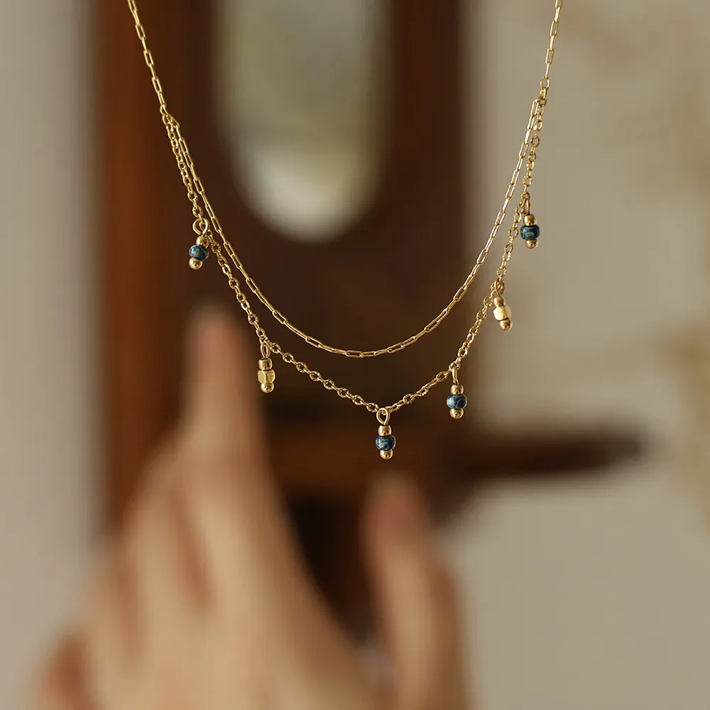 Vintage Blue Glass Bead Double Layer Necklace For Women Handmade 18K Gold Plated Titanium Steel Clavicle Chain Jewelry