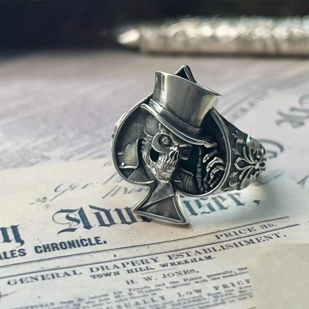 Bague En Alliage De Zinc Vintage Crâne Avec Haut De Forme As De Pique Gothique Punk Hip Hop Retro Bijoux Pour Homme