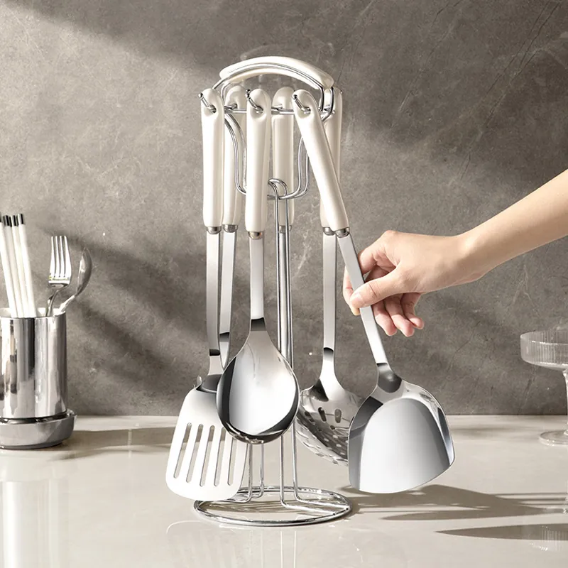 Stainless Steel Kitchen Cooking Utensils Ceramic Handle Heat Resistant Spatula Soup Spoon Slotted Turner Pasta Server