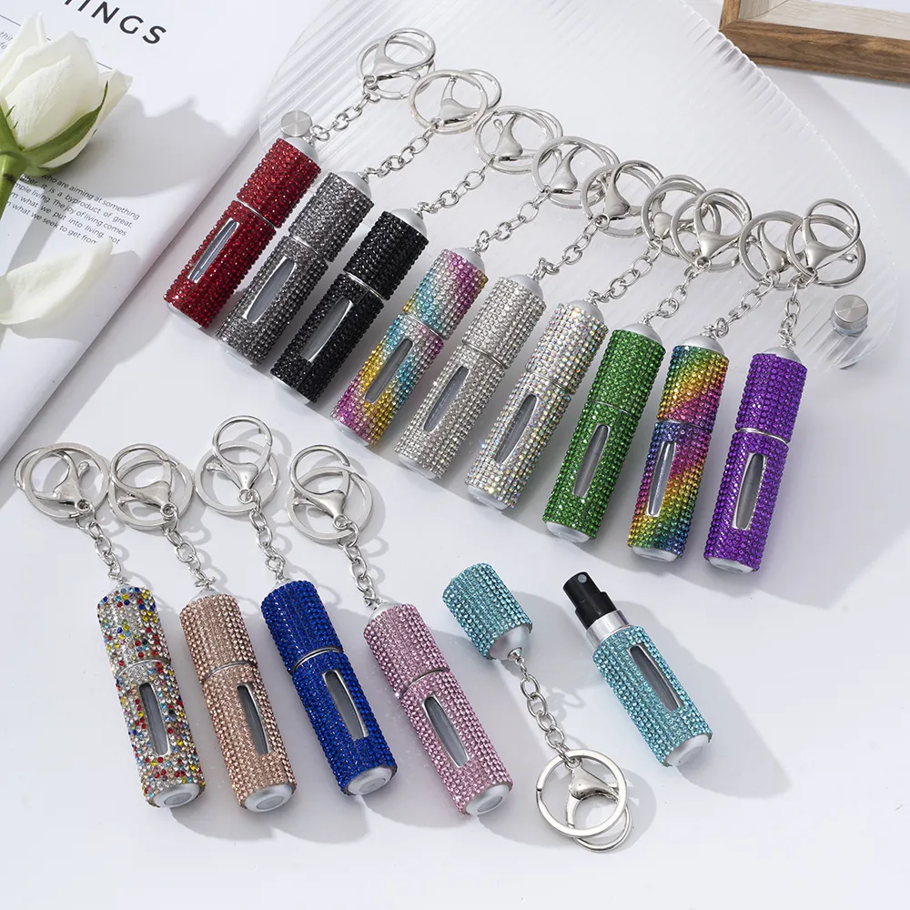 Perfume Atomizer Keychain Rhinestone Encrusted Refillable Spray Bottle Portable Travel Handbag Pendant Luxury Sparkly