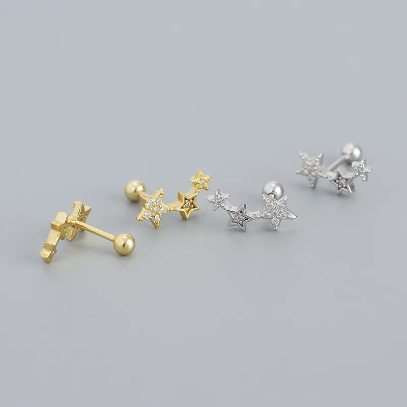 925 Sterling Silver Star Stud Earrings For Women CZ Triple Star Screw Back Geometric Cartilage Piercing Jewelry