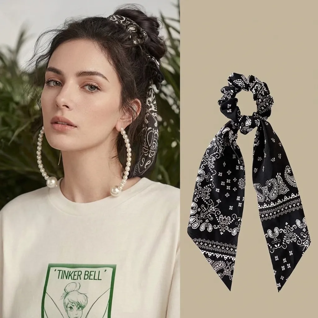 Satin Ribbon Scrunchies For Women Paisley Floral Print Elastic Hair Ties With Long Streamers Ponytail Holder Fashion