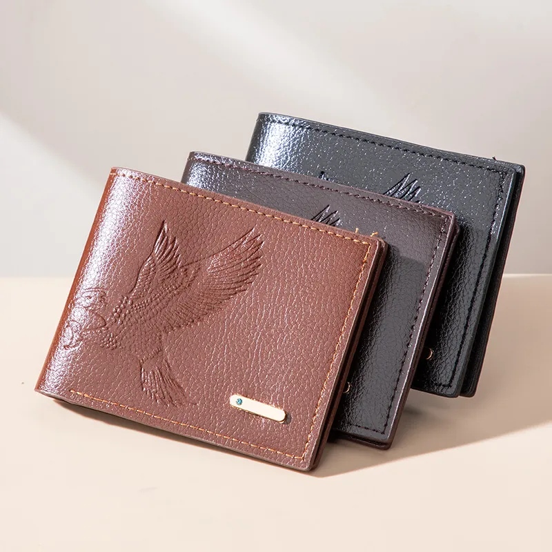 Mens Wallet PU Leather Eagle Embossed Short Bifold RFID Blocking Minimalist Storage Business Casual Credit Card Holder