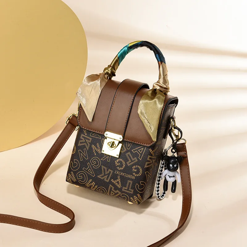 Women Shoulder Bag PU Leather Vintage Letter Print Scarf Handle Bear Pendant Crossbody Handbag
