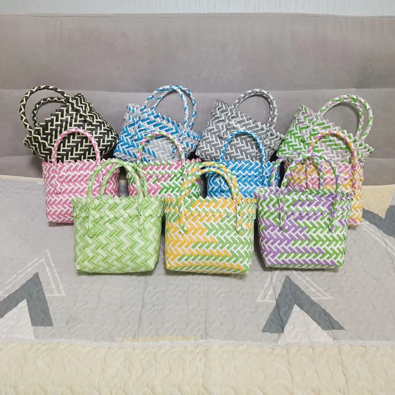 Mini Woven Handbag Handmade PVC Plastic Contrast Color Cute Portable Basket For Daily Casual Use
