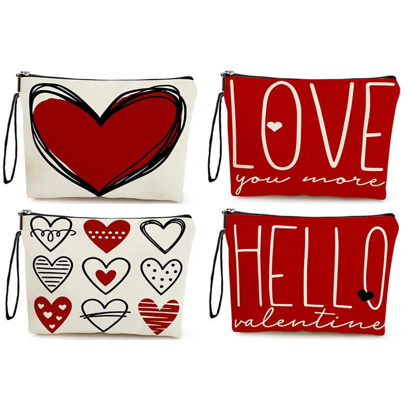 Heart Print Makeup Bag Linen Canvas Cosmetic Pouch Portable Travel Toiletry Storage Organizer With Wristlet For Women