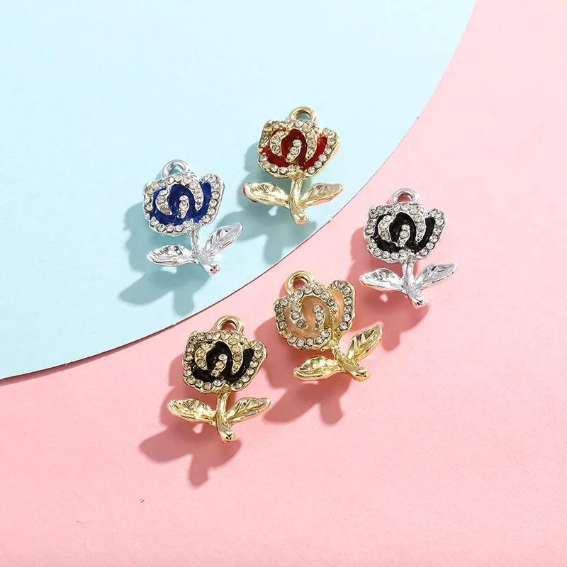 Rose Flower Pendants Alloy Enamel Rhinestone Charms For DIY Jewelry Making Bracelet Necklace Accessories Fashion Tulip Shape