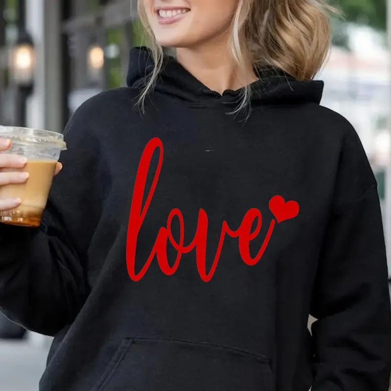 Men Hooded Hoodie Polyester Fleece Long Sleeves Kangaroo Pocket Love Heart Print Casual Pullover Sweatshirt For Couples
