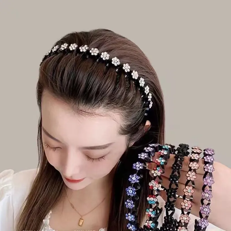 Rhinestone Flower Headband Non-Slip Wave Plastic Hair Hoop With Teeth Elegant Korean Style Hair Accessories For Women